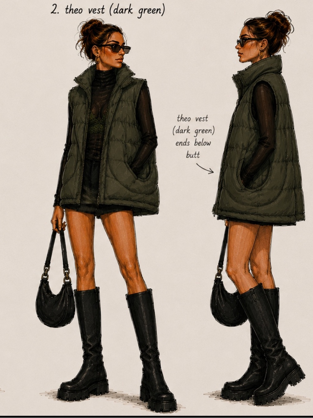 💚 BY.DYLN Theo Wavy Quilted Puffer Vest Olive Green